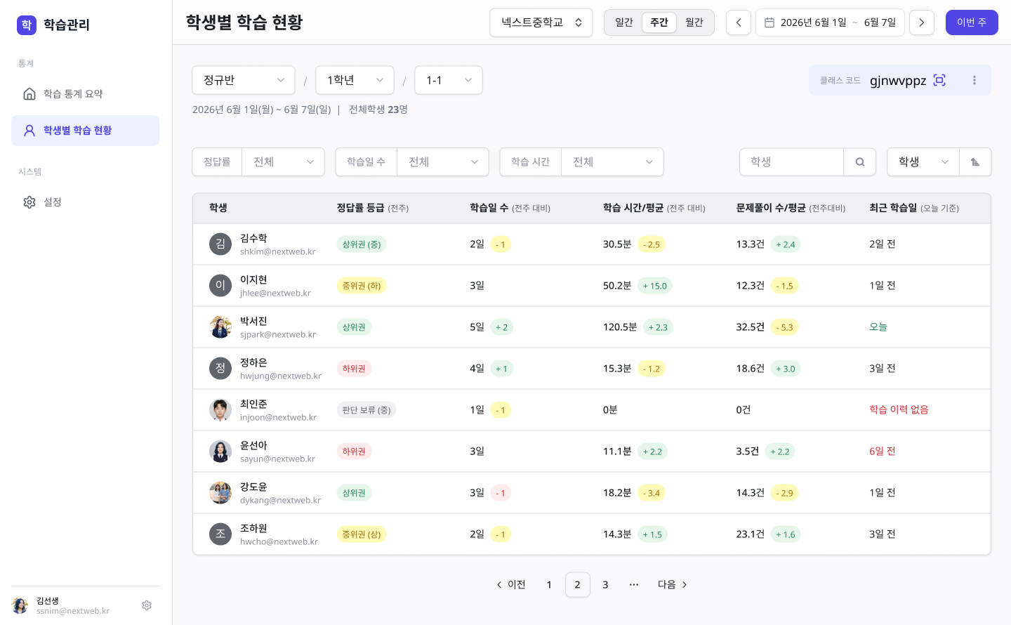 교사용 학습관리 시스템 화면